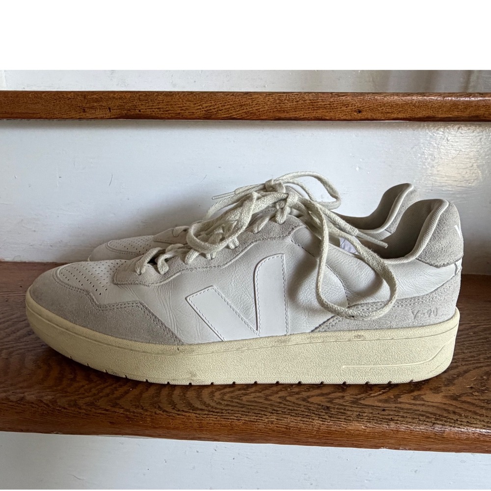 Veja V-90 White Beige Leather Suede Low Top Sneakers Mens 12.5 EUR 47
